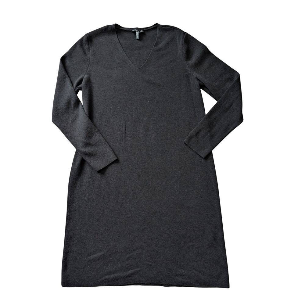EILEEN FISHER Women's 100% Fine Merino Wool Black, long sleeve V-neck Dress; Med